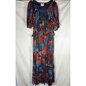 Farm Rio Blue Cool Leopard Print Ruffle Maxi Dress Small Belted V Neck Sun Wear